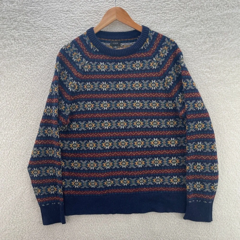 J Crew Crewneck Sweater Mens Medium Multicolor Fair Isle Lambswool Nordic Preppy